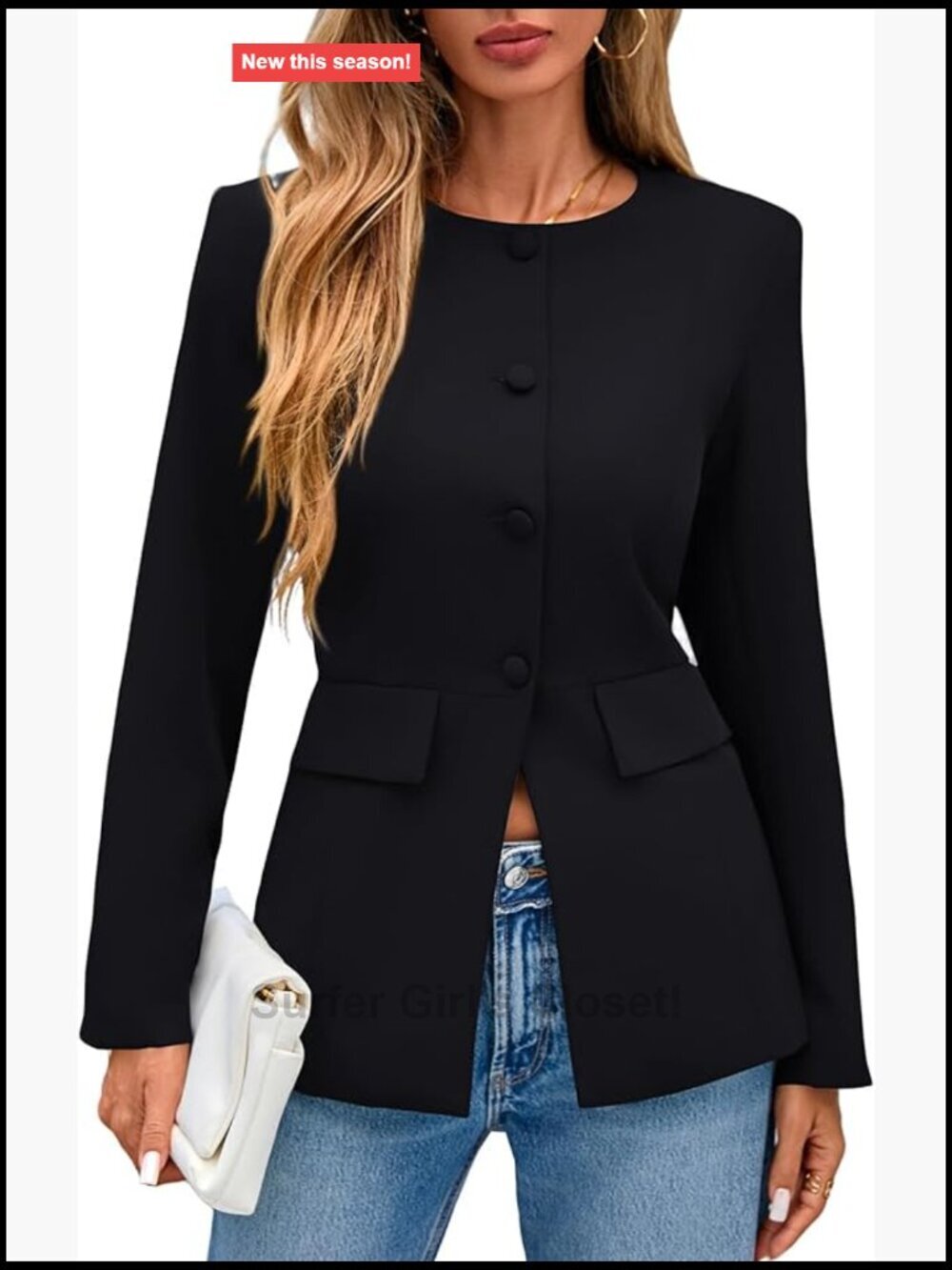 Long Sleeve Crewneck Button Down Blazer with Pockets